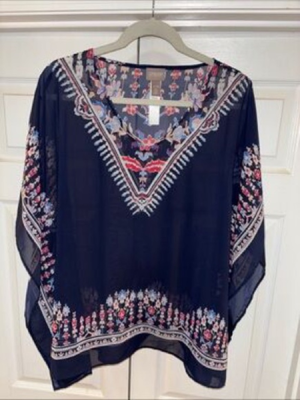 Chico's Navy Floral Embroidered V-Neck Tunic